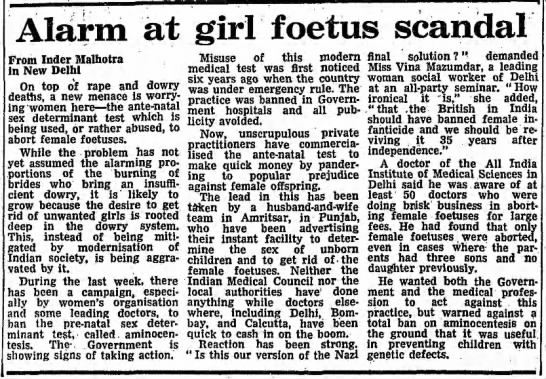 Alarm at Girl Foetus Scandal. The Guardian. 19 Jul 1982, Mon. - 