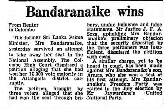 Bandaranaike wins. (Reuters) The Guardian. (London, England) 15 November 1977, p 8 - 
