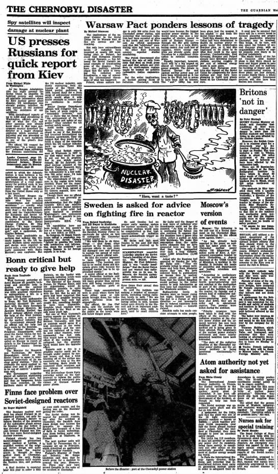 British newspaper articles and political cartoon from the early days of the  Chernobyl disaster 