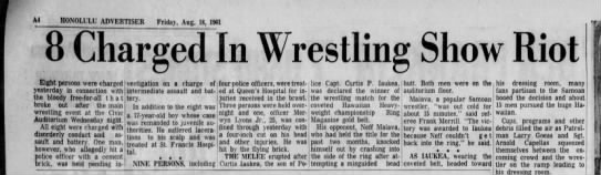 8 charged in wrestling show riot Aug 18 1961 Hawaii - 