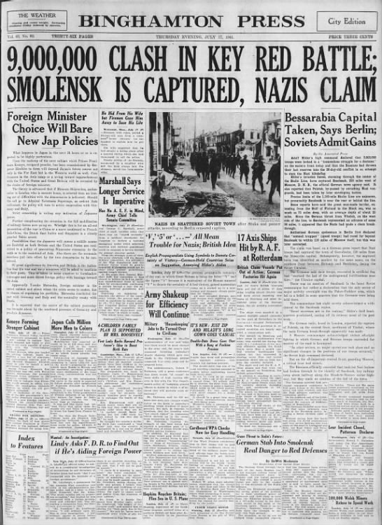 "9,000,000 Clash in Key Red Battle; Smolensk Is Captured, Nazis Claim" - 