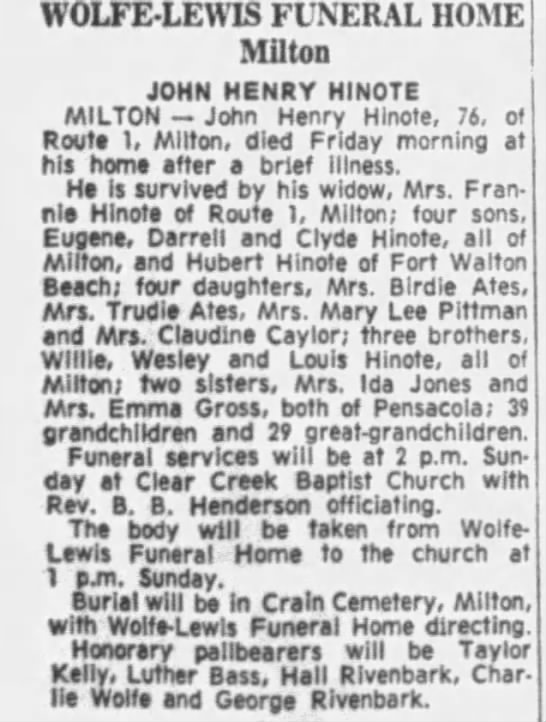 Obituary For Milton John Henry Hinote Aged 74 Newspapers Com