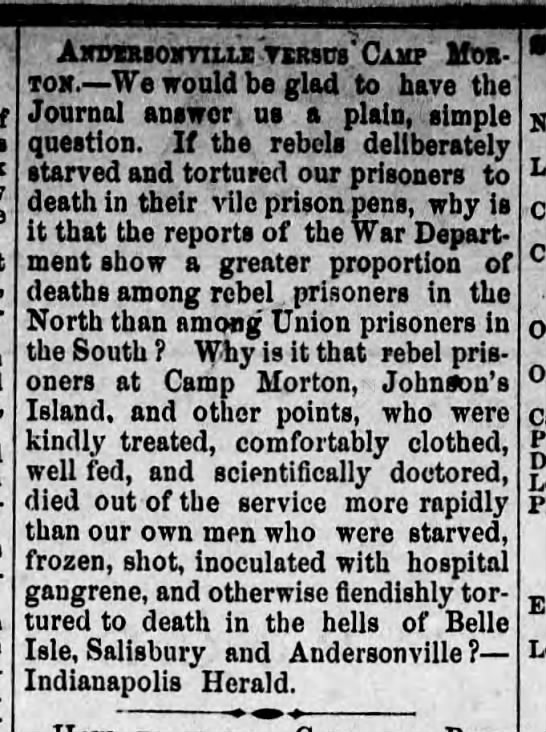 Reader questions death rates for Confederate prisoners of war in Union prisons - 