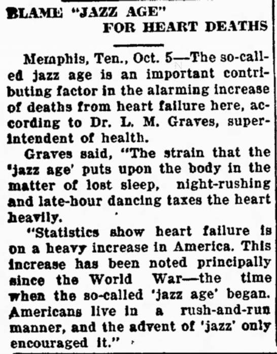 The Jazz Age is blamed for an increasing rate of heart failure - 