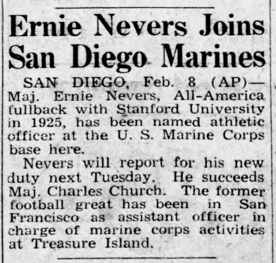 Ernie Nevers Joins San Diego Marines - 
