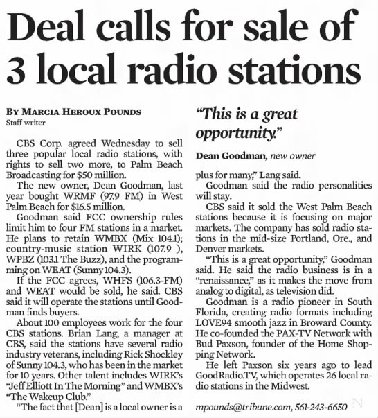 Deal calls for sale of 3 local radio stations - 