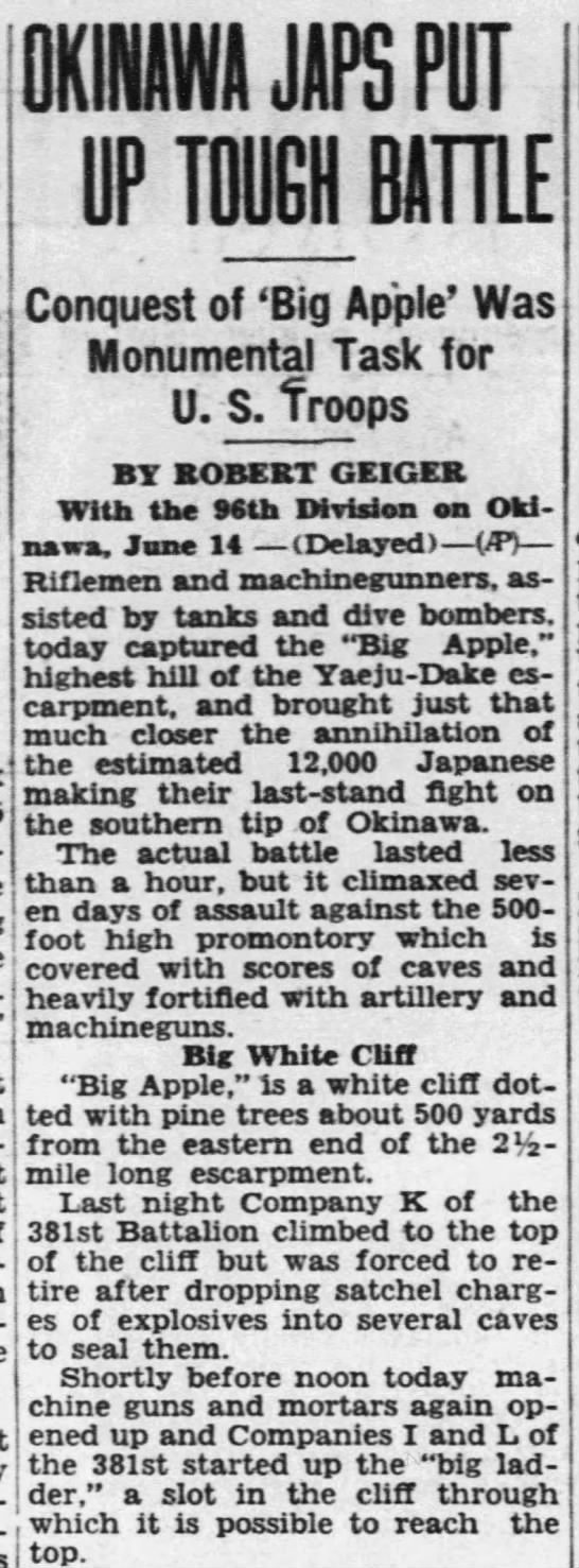 Big Apple (Yeaju-Dake Escarpment, Battle of Okinawa, 1945). - 