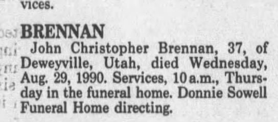 John Christopher Brennan death notice - 