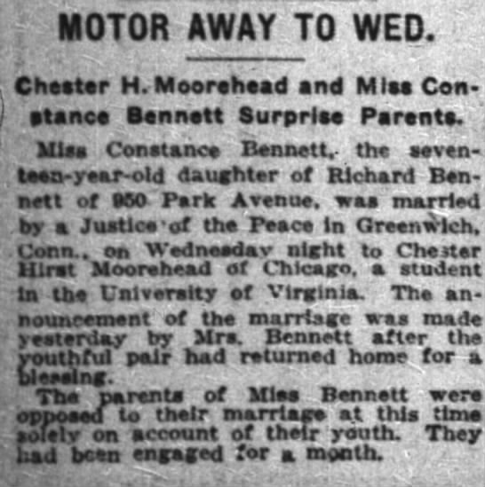 Constance Bennett elopes with Moorehead - 