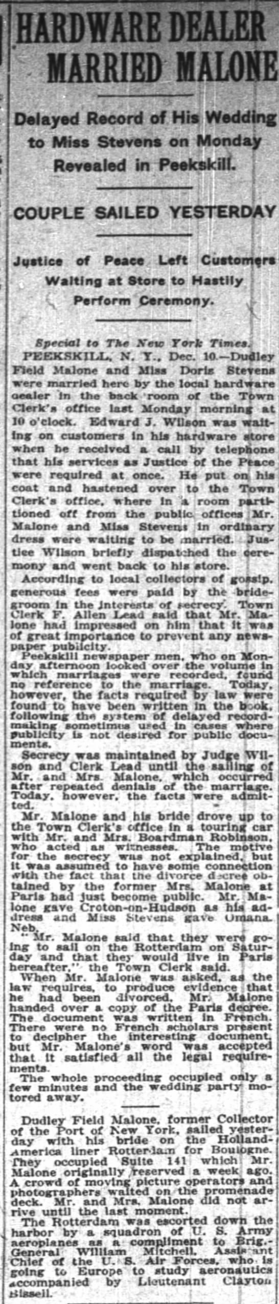 Hardware Dealer Married Malone, The New York Times, (New York, New York), 11 December 1921, p 22 - 