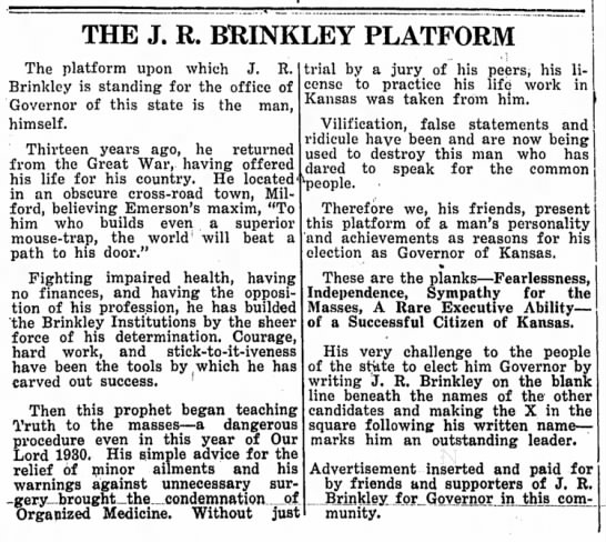 Kansas governor campaign ad for J.R. Brinkley, huckster and quack doctor (1930) - 