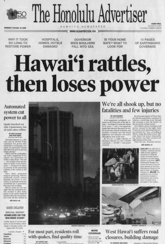 Oct. 15, 2006: Large earthquake shakes Hawaii island, knocks out power - 