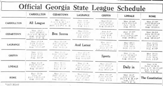 1921 Georgia State League schedule - 