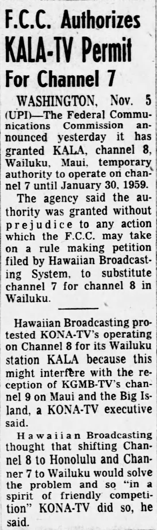 F.C.C. Authorizes KALA-TV Permit For Channel 7 - 