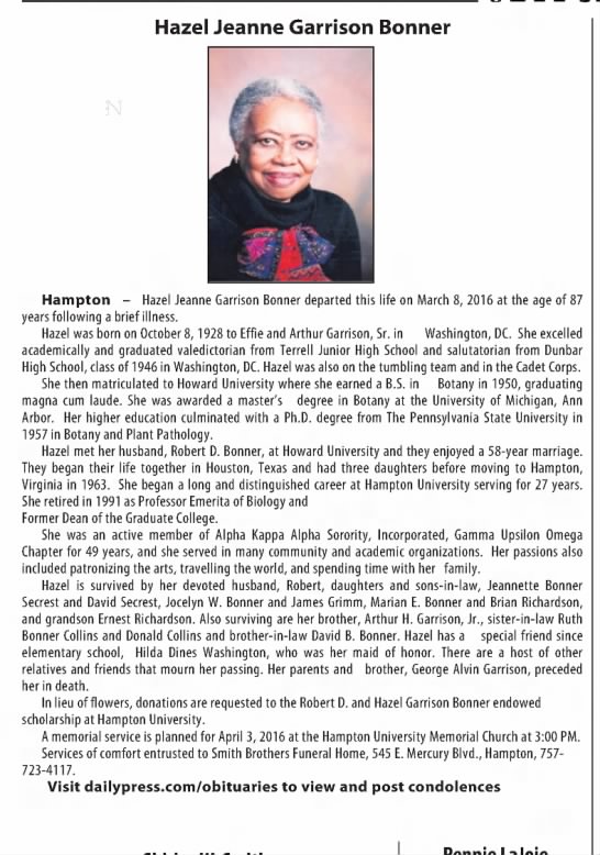Obituary for Hazel Jeanne Garrison Hampton, 1928-2016 (Aged 87)