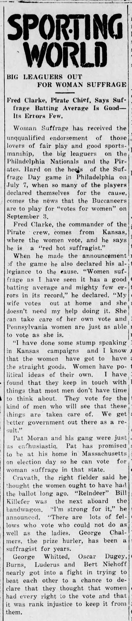 Philadelphia Nationals and Pittsburgh Pirates baseball teams give support to women's suffrage, 1915 - 