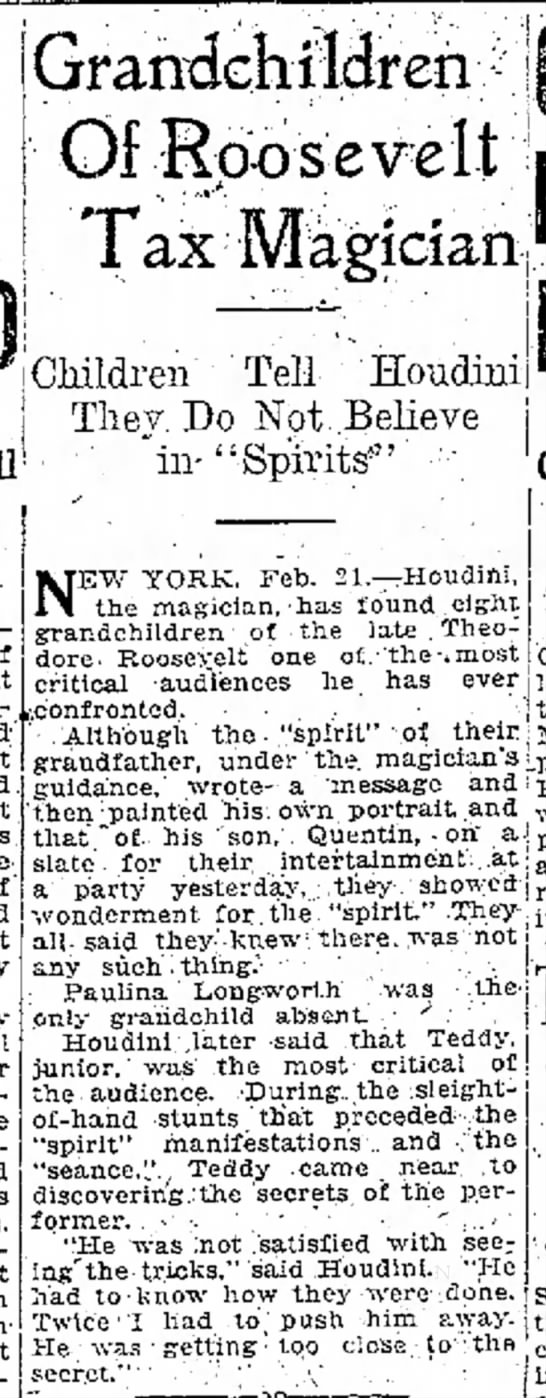 Houdini Roosevelt Grandchildren Ogden Standard-Examiner Feb 21 1925 - 