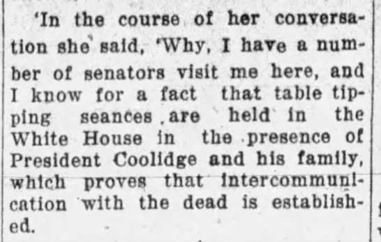Jane Coates allegedly says seances are held in Coolidge White House - 