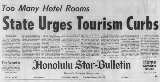 Feb. 10, 1972: State report says it's time to brakes on Hawaii tourism growth - 