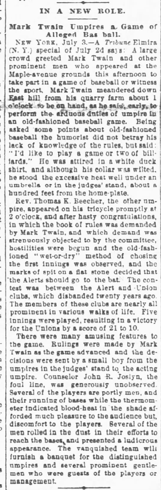Newspaper account of Mark Twain umpiring a baseball game in New York in 1887 - 
