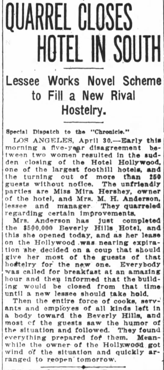 "Quarrel Closes Hotel in South" San Francisco Chronicle (San Francisco, California) 1 May 1912 p 3 - 