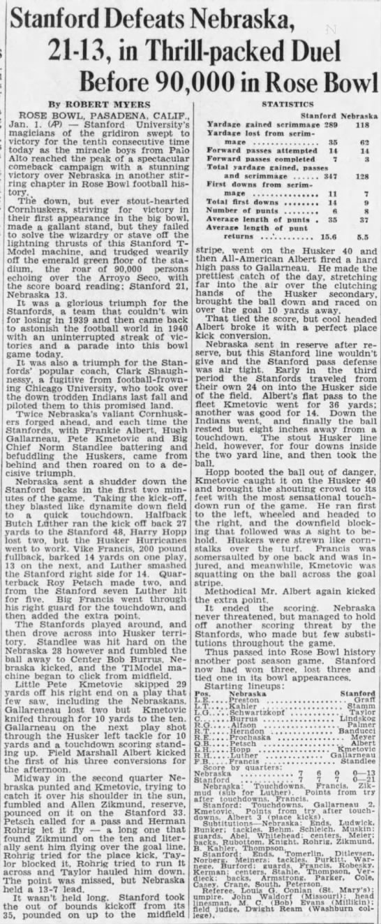 1941 Rose Bowl, AP story - 
