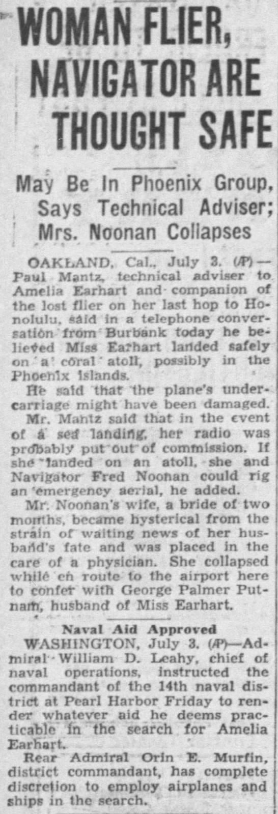 Technical adviser to Amelia Earhart believes Earhart and Noonan are safe after lost communication - 
