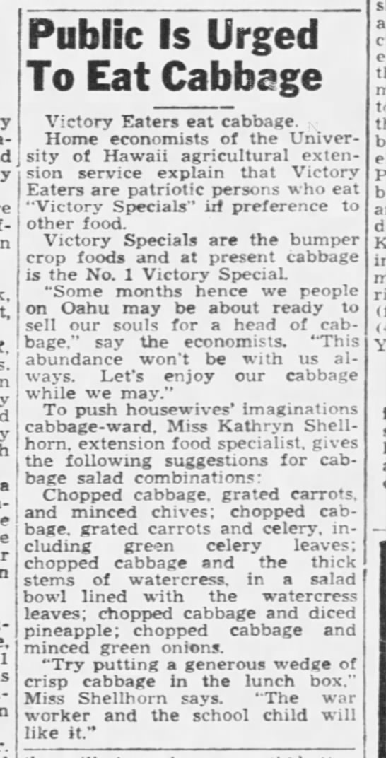 "Public Is Urged to Eat Cabbage" (1943) - 