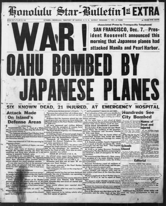 Star-Bulletin covers the bombings at Pearl Harbor, 1st Extra - 