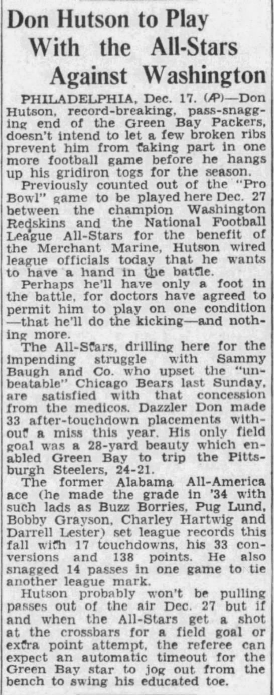 Don Hutson to Play With the All-Stars Against Washington - 