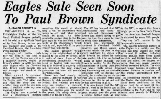 Eagles Sale Seen Soon To Paul Brown Syndicate - 