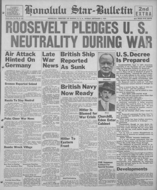 President Franklin Roosevelt "Pledges U.S. Neutrality During War" after Germany invades Poland - 