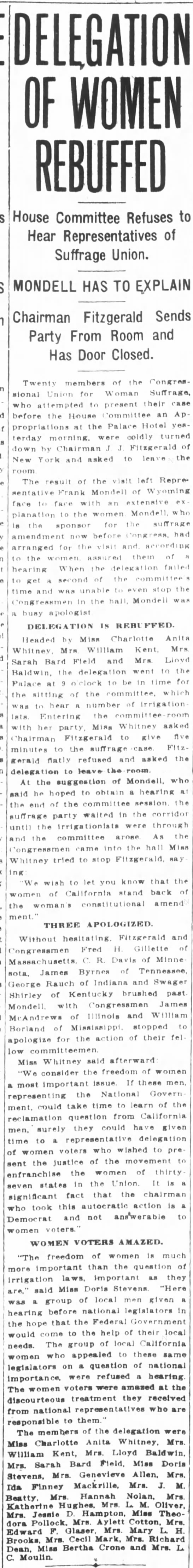 Delegation of Women Rebuffed, San Francisco Chronicle (San Francisco, California) 18 June 1915, p 1 - 