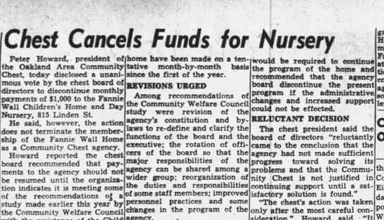 Chest Cancels Funds for Nursery  _ Oakland Tribune August 20, 1954 - 