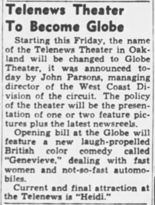Telenews To Change Name to Globe -  Oakland Tribune April 13, 1954 - 