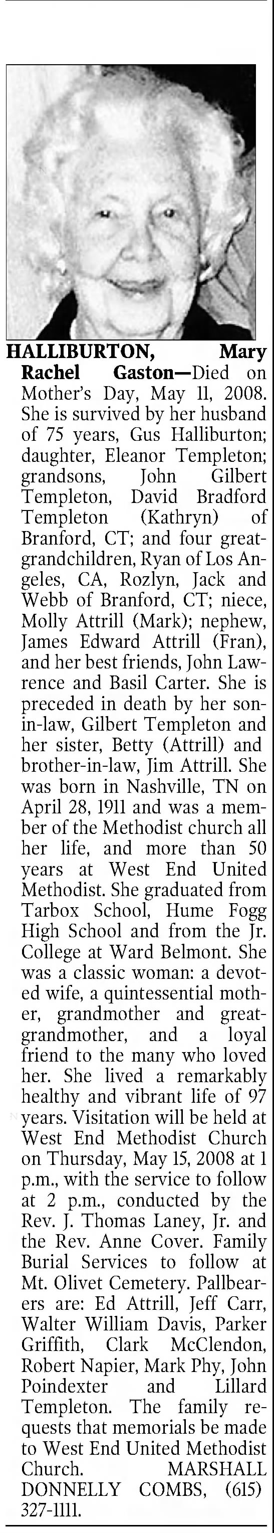 Obituary for Mary Rachel HALLIBURTON Gaston, 1911-2008 ...