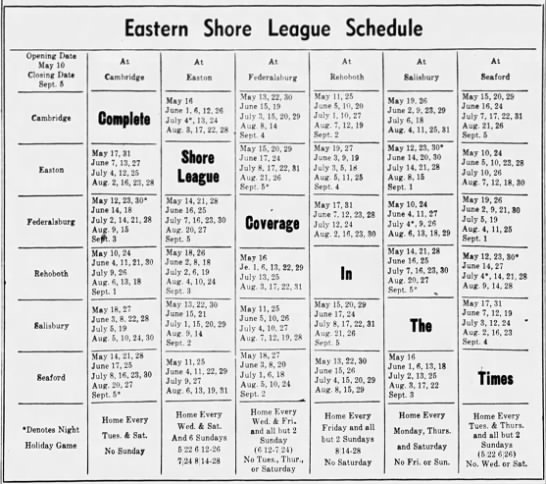 1949 Eastern Shore League schedule - 