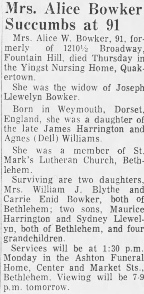 Obituary for Alice W. Bowker (Aged 91) - 