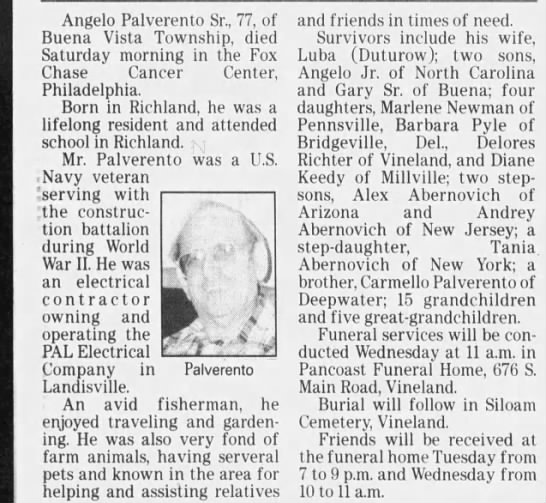 Obituary for Angelo Palverento Sr. - Newspapers.com