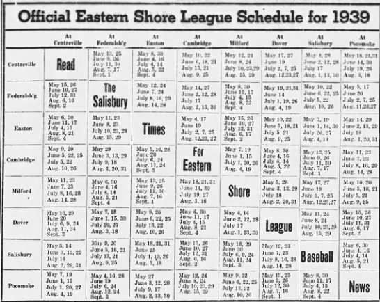 1939 Eastern Shore League schedule - 