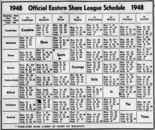 1948 Eastern Shore League schedule - 