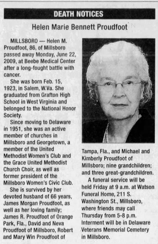 Obituary For Helen Marie Bennett Proudfoot 1923 2009 Aged 86 Newspapers Com