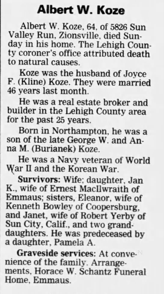 Albert W. Koze Obit. 1992 - Newspapers.com