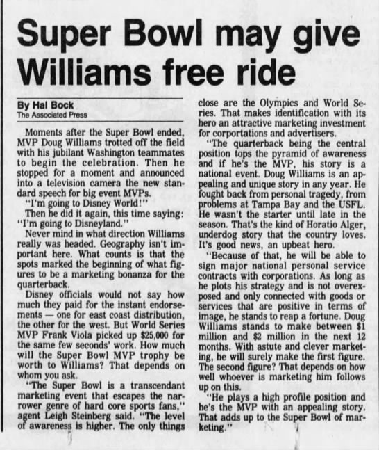 Hal Bock, The Associated Press, "Super Bowl may give Williams free ride" - 