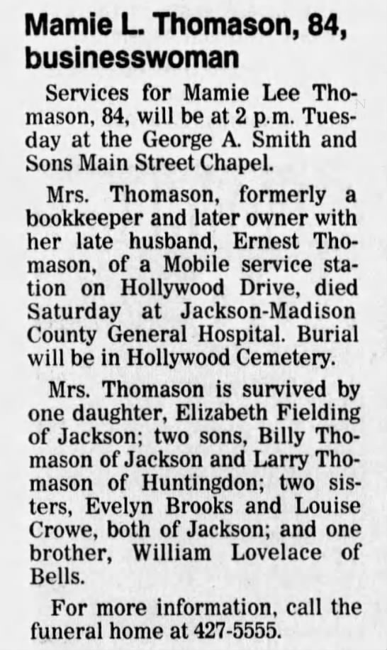 Mamie L. Thomason, 84, Business Woman, Obit: 29 Mar 1993; Mon; pg ...