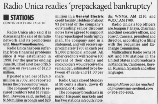 Radio Única readies 'prepackaged bankruptcy' - 