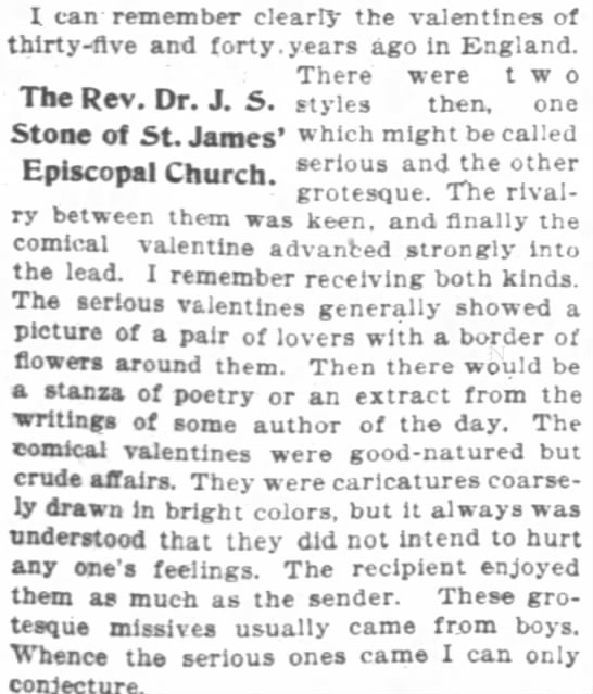 Valentine memories, Rev J S Stone, 1900 - 
