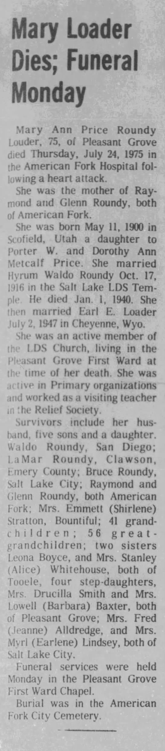 Obituary for Mary Ann Loader, 1900-1975 (Aged 75)