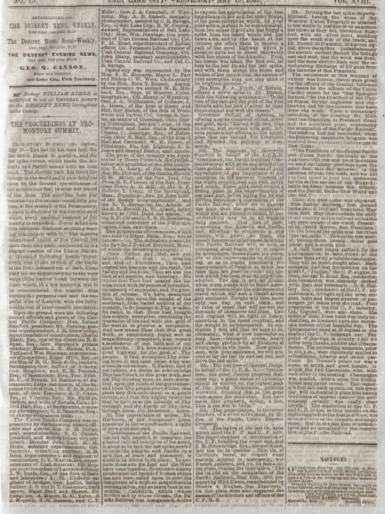 Utah newspaper reports on the last spike (Golden Spike) ceremony of the Transcontinental Railroad - 
