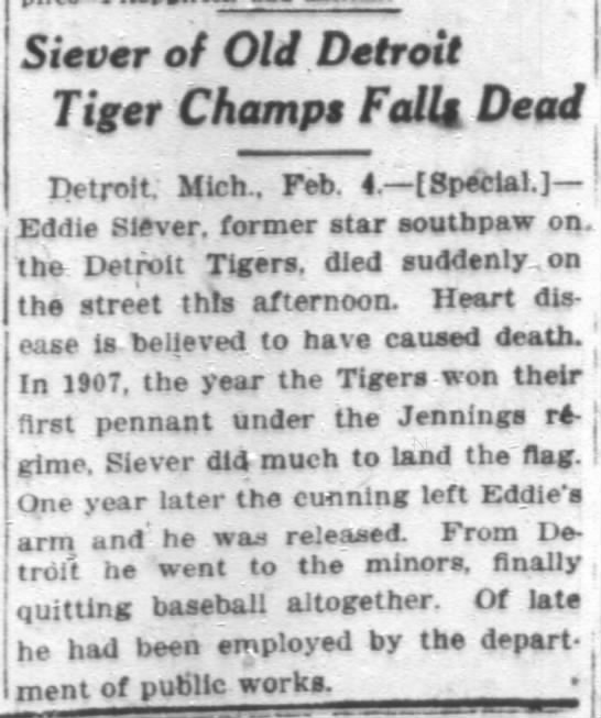 Siever of Old Detroit Tiger Champs Falls Dead - 